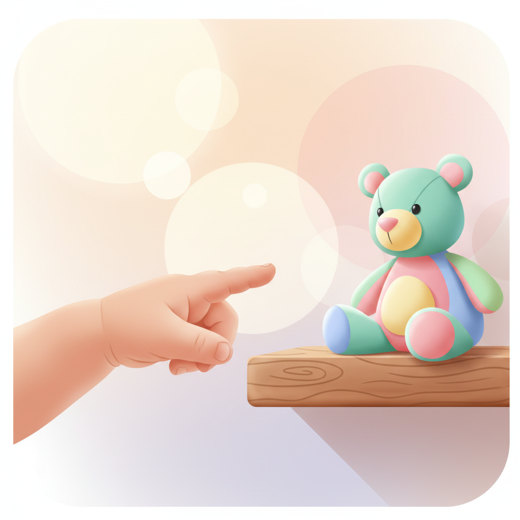 A toddler's outstretched finger pointing towards a colorful toy on a low shelf, with a parent's hand gently guiding or acknowledging the gesture in the background.