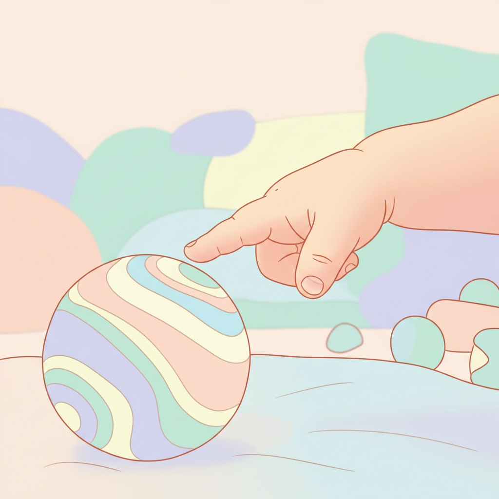 A toddler's small hand pointing towards a bright red ball on a clean floor.