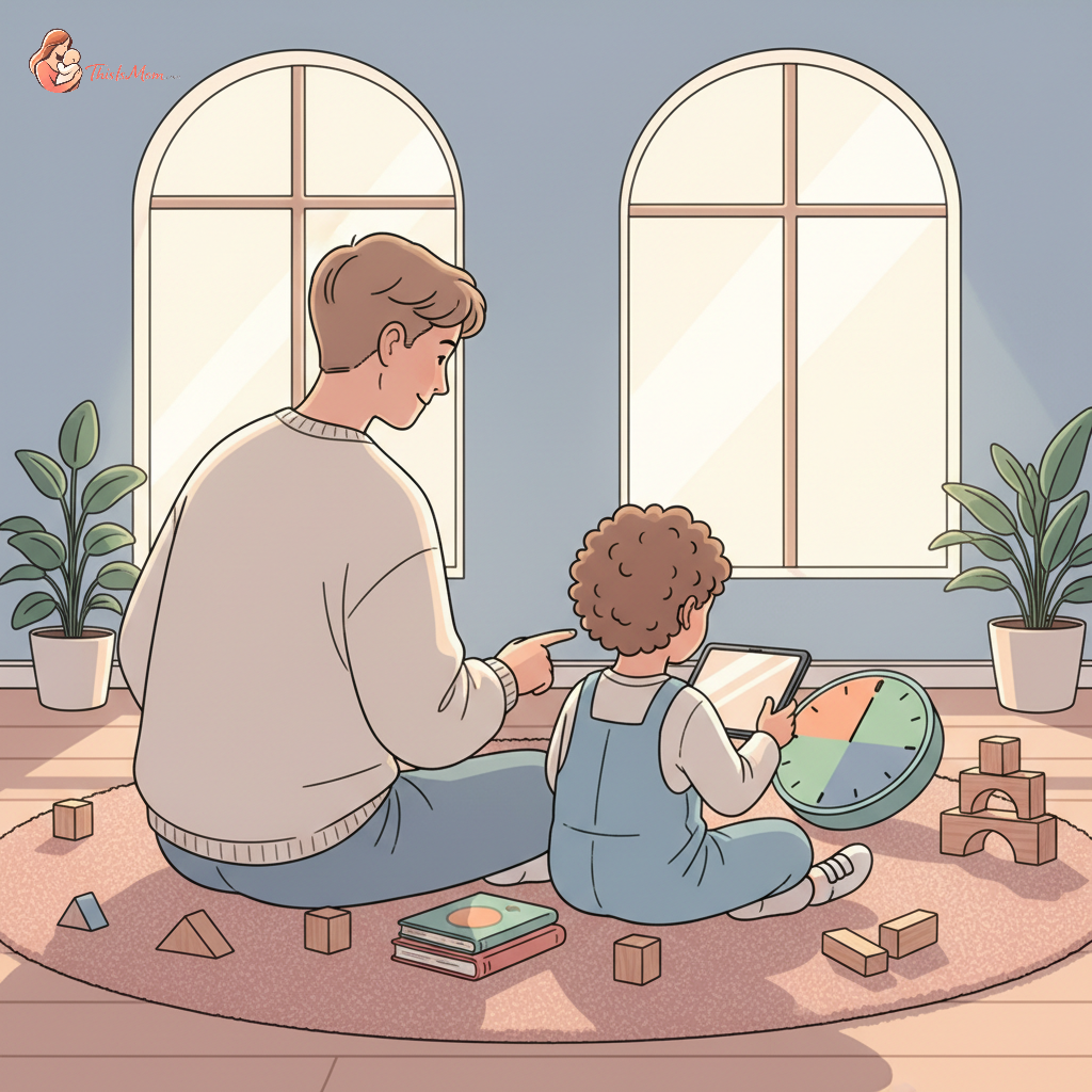 A parent gently pointing to a timer while a 2-year-old child looks at a tablet, with building blocks and books in the background, suggesting a smooth transition from screen time to other activities.