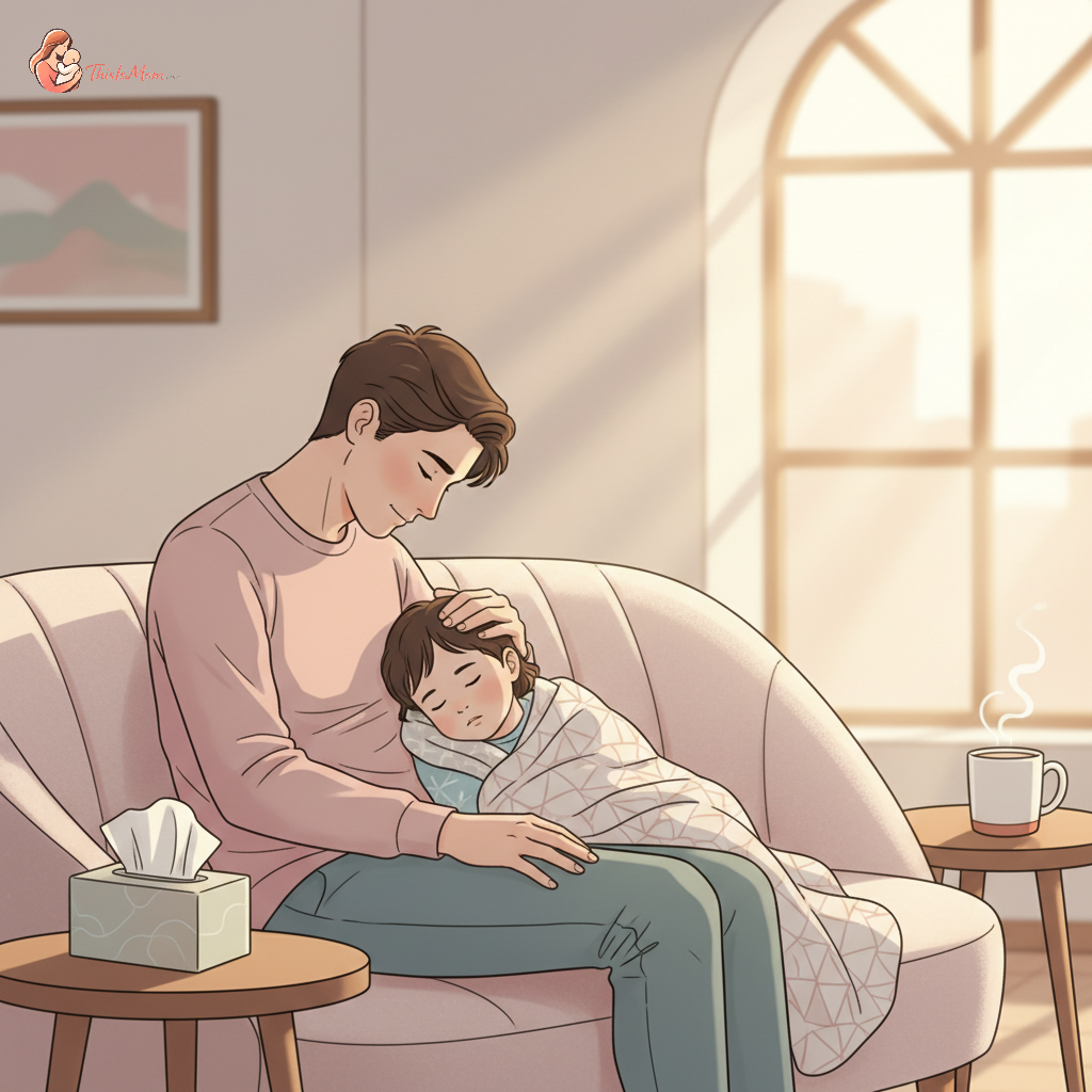 A tired, slightly feverish toddler with rosy cheeks snuggling under a blanket on a couch, surrounded by tissues and a half-eaten snack. A parent is gently stroking their head.