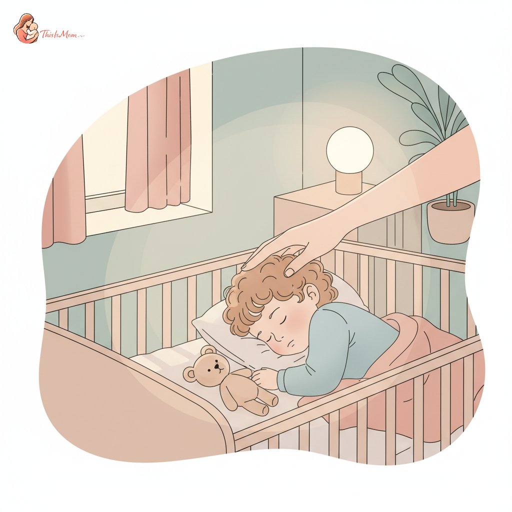Parent gently comforting a 1-year-old in a dimly lit nursery, the child is in a crib with a favorite comfort item, and the pacifier is not visible.