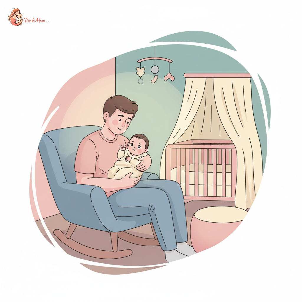 Exhausted parent gently rocking a slightly fussy 4-month-old baby in a dimly lit nursery, surrounded by soft glow of a night light, symbolizing comfort during sleep regression