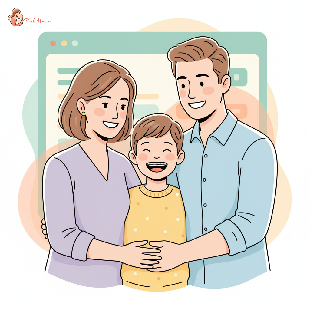 Child smiling with new braces, while parents look on, with a subtle overlay hinting at financial planning or an HSA card.