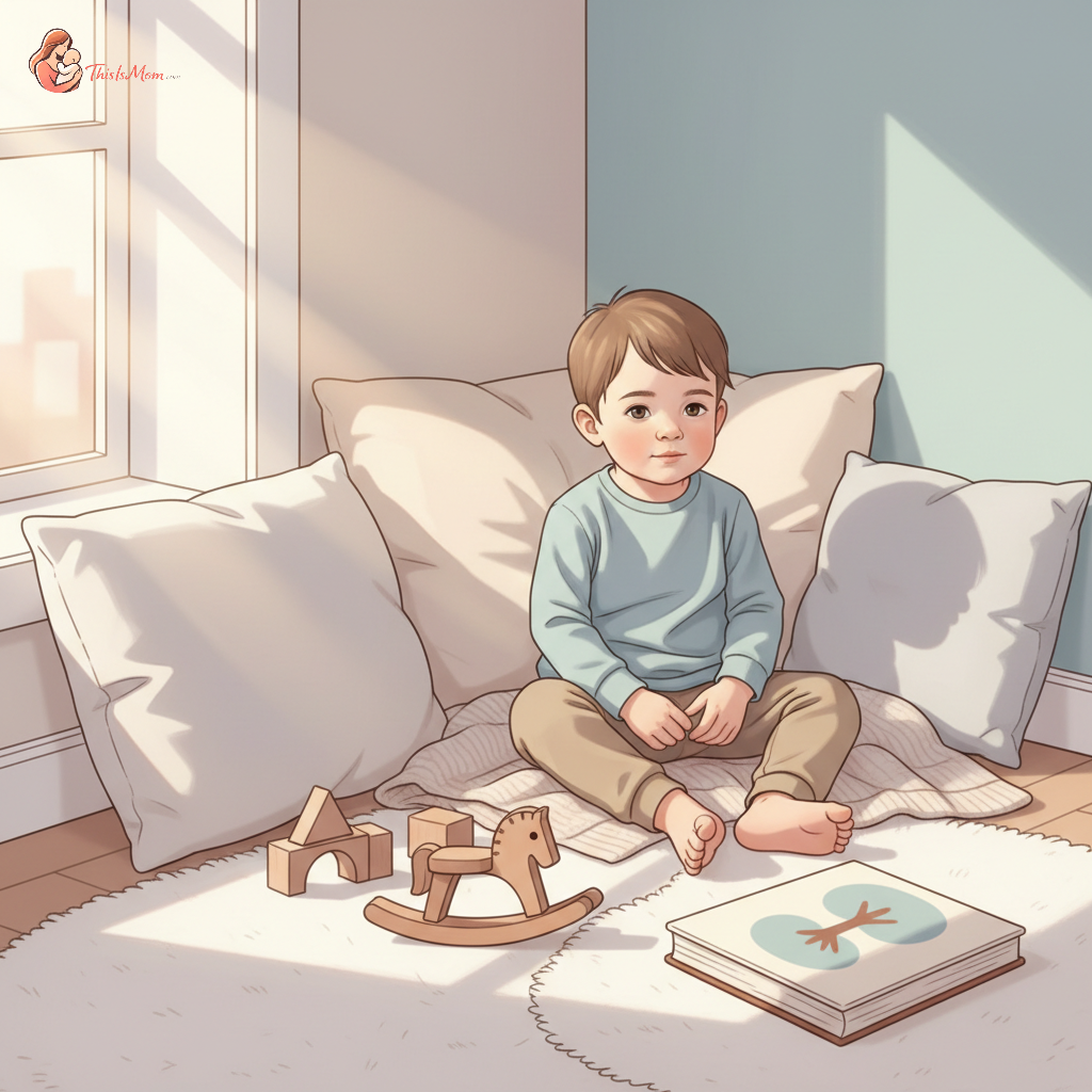 Toddler sitting in a cozy, screen-free calm down corner with soft pillows and picture books, looking peaceful and engaged.