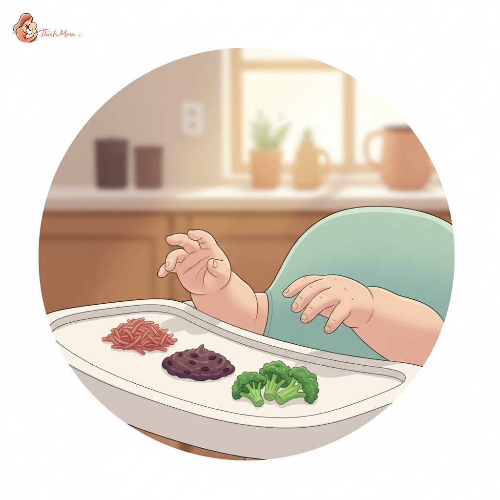 A 7-month-old baby happily exploring soft, finger-sized pieces of iron-rich foods like cooked beef strips, mashed lentils, and fortified cereal on a baby-led weaning tray, with brightly colored berries nearby.