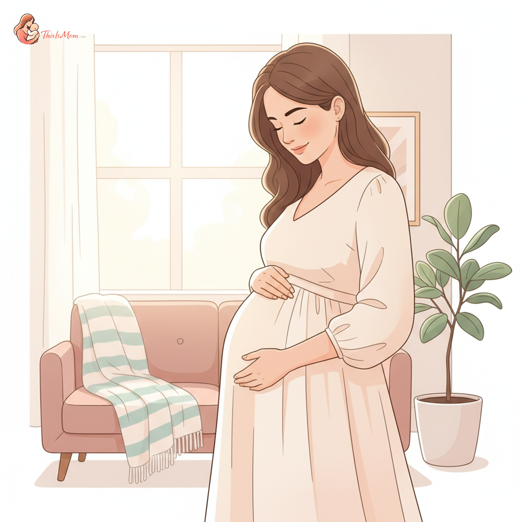 A pregnant woman in her second trimester, gently touching her visible baby bump, with a serene and relieved expression, representing the 'honeymoon phase' of pregnancy.