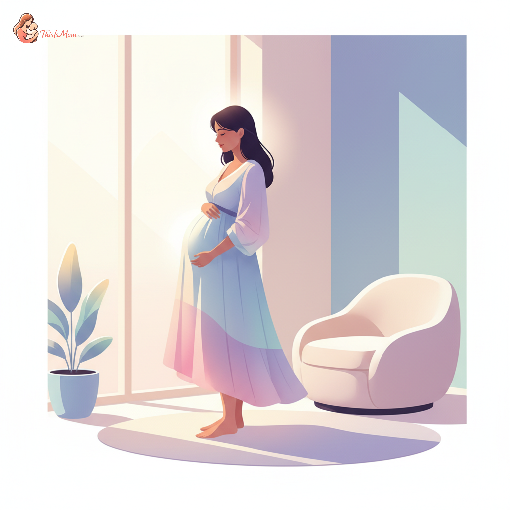 A pregnant woman, looking thoughtful and slightly pensive, gently resting a hand on her belly while gazing out a window, with soft, natural light illuminating her profile.