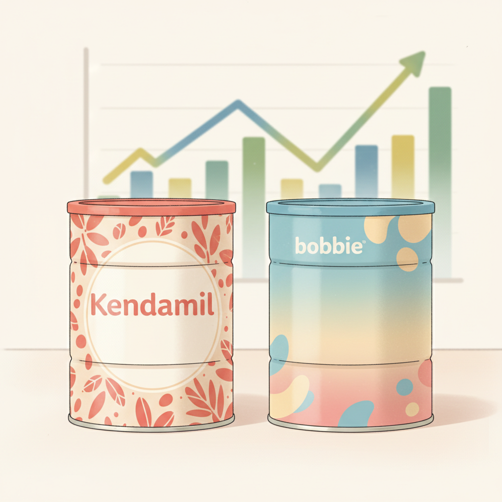 Two baby formula cans, one Kendamil Organic and one Bobbie Organic, side-by-side with charts and graphs in the background illustrating cost comparison.