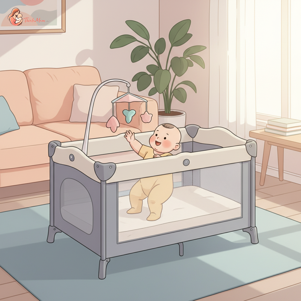 A lightweight pack and play set up in a bright, inviting room with a small, happy baby reaching for a toy inside.
