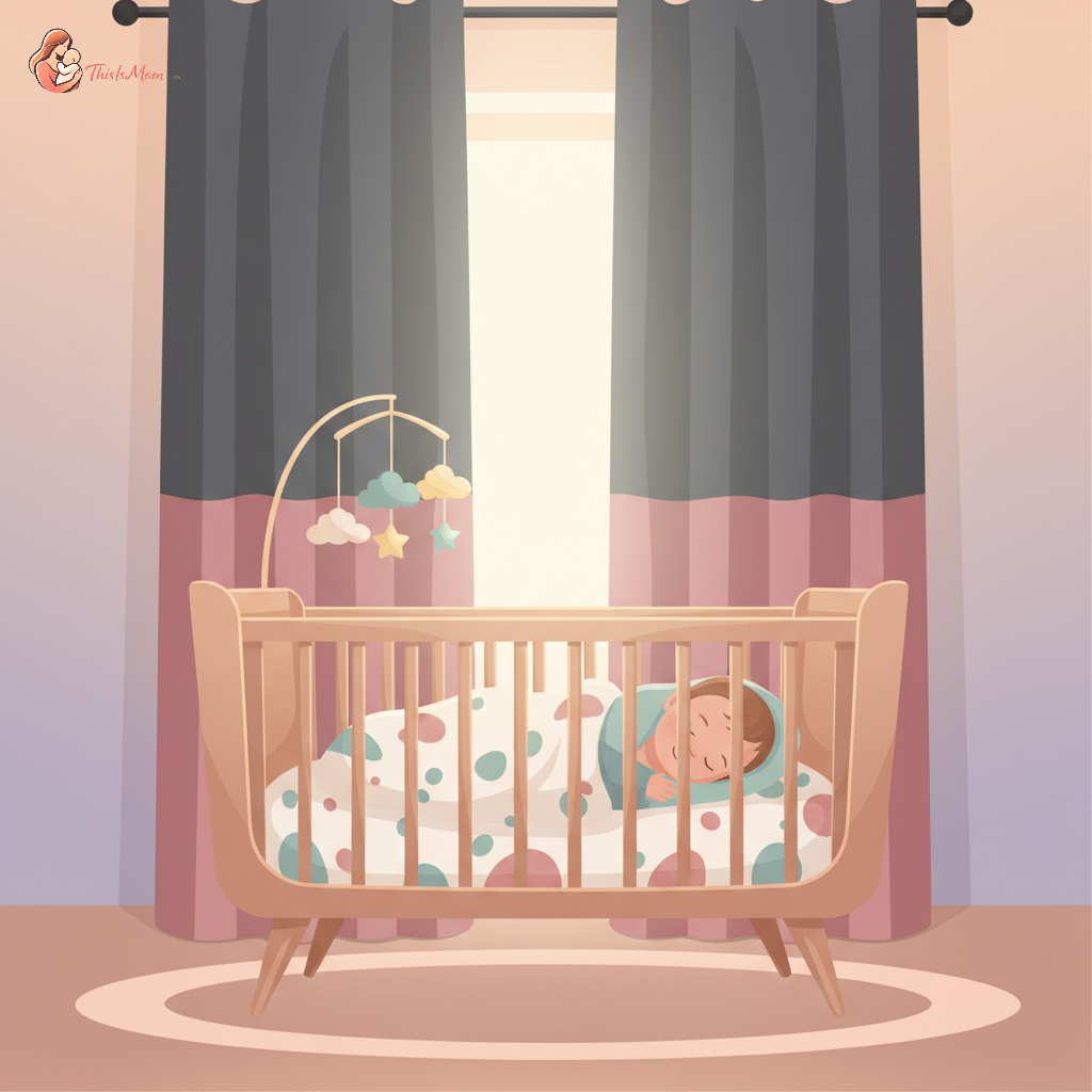 A calm baby sleeping soundly in a crib with blackout curtains drawn, during daylight hours, symbolizing effective sleep schedule management during time changes.