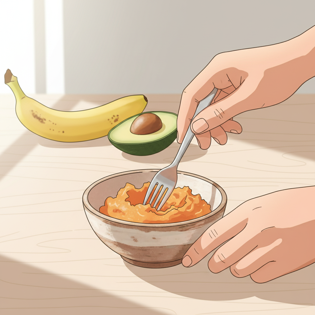 A close-up of a parent's hands mashing soft cooked sweet potato with a fork in a small bowl, next to other fresh, colorful ingredients like ripe bananas and avocado