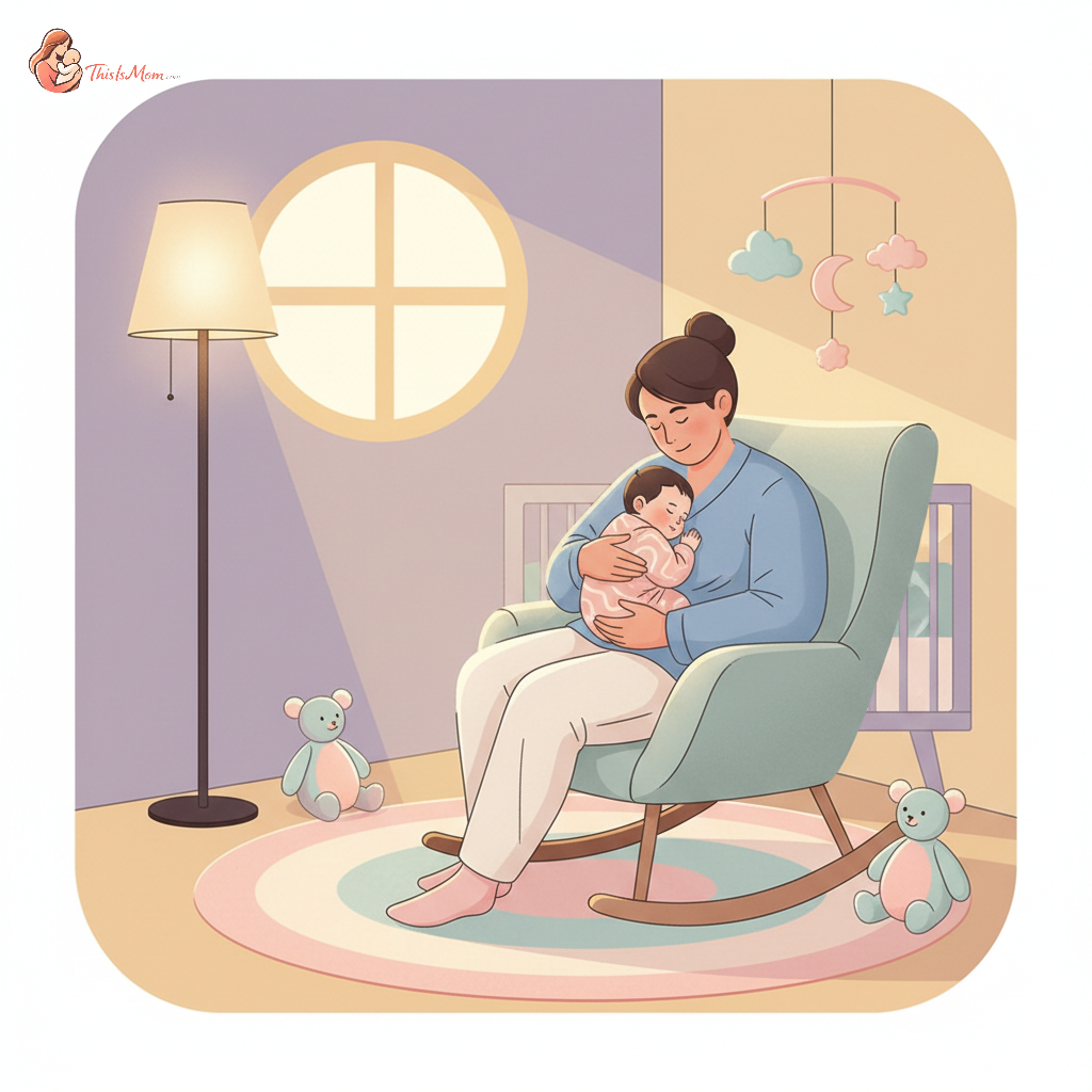 A tired but loving parent gently rocking a four-month-old baby to sleep in a dimly lit nursery, avoiding the cry-it-out method.