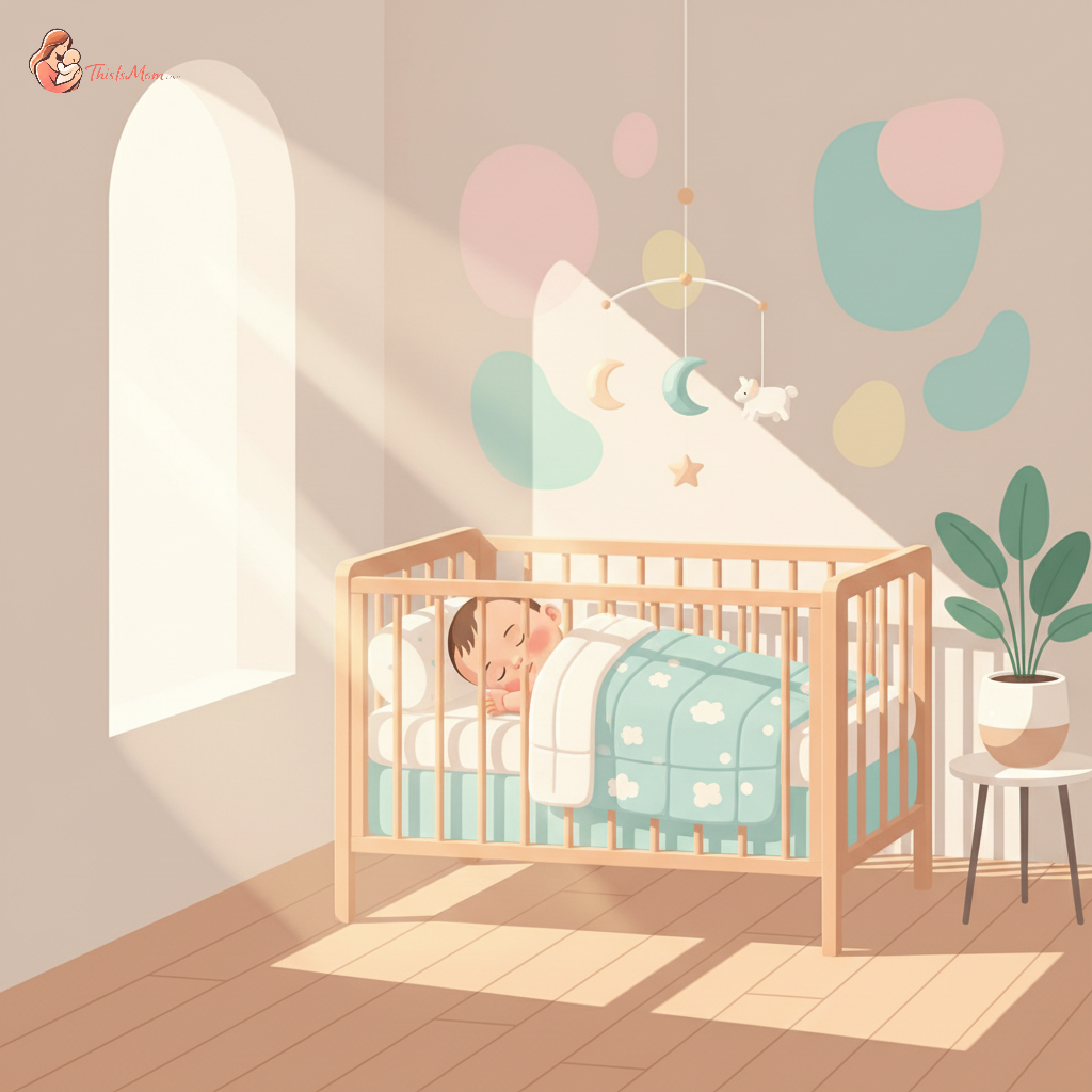 A peaceful baby sleeping soundly in a crib with warm, soft lighting, indicating a successful adjustment to a new sleep schedule.