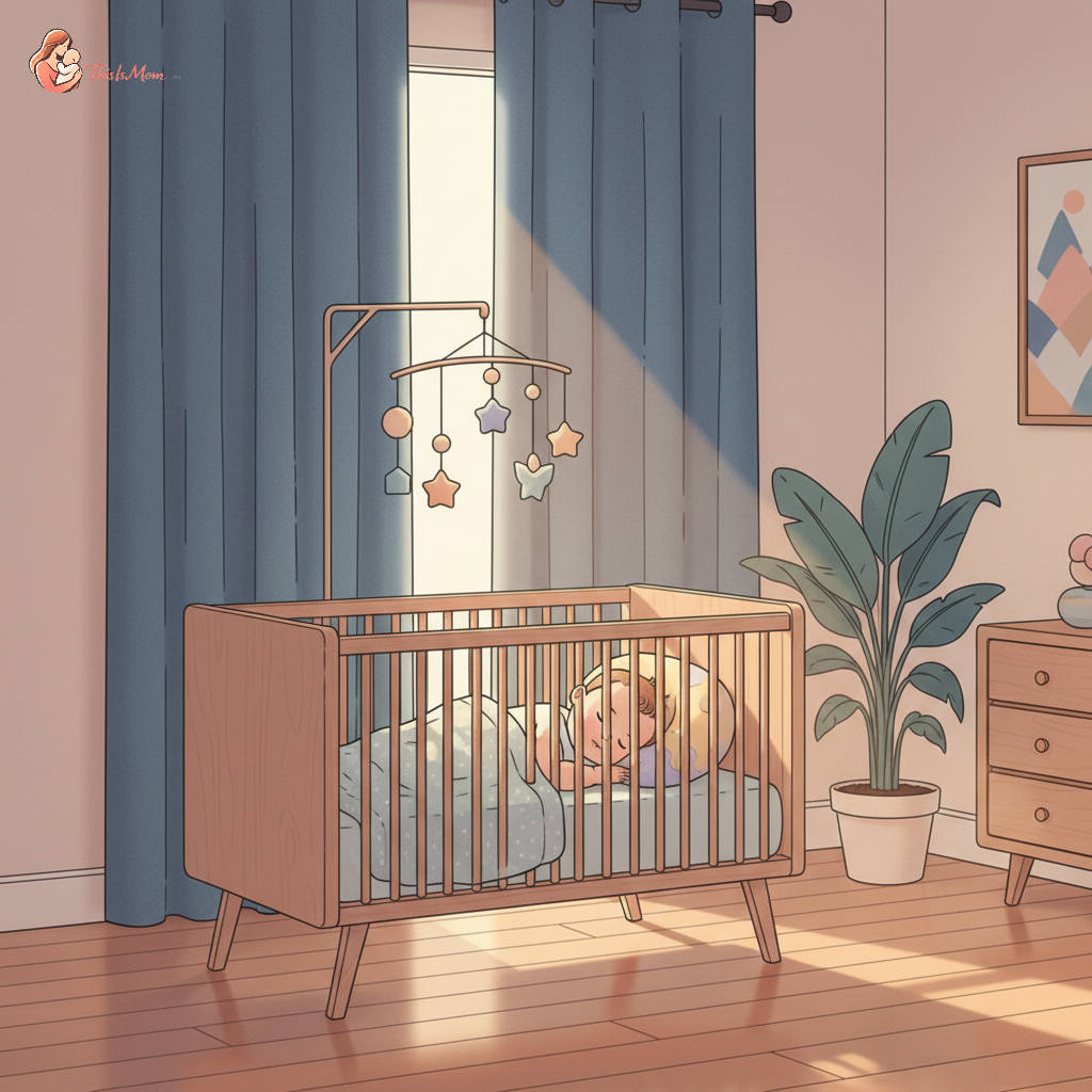 A peaceful baby sleeping soundly in a dimly lit nursery, with a soft ray of morning light just barely peeking through blackout curtains.