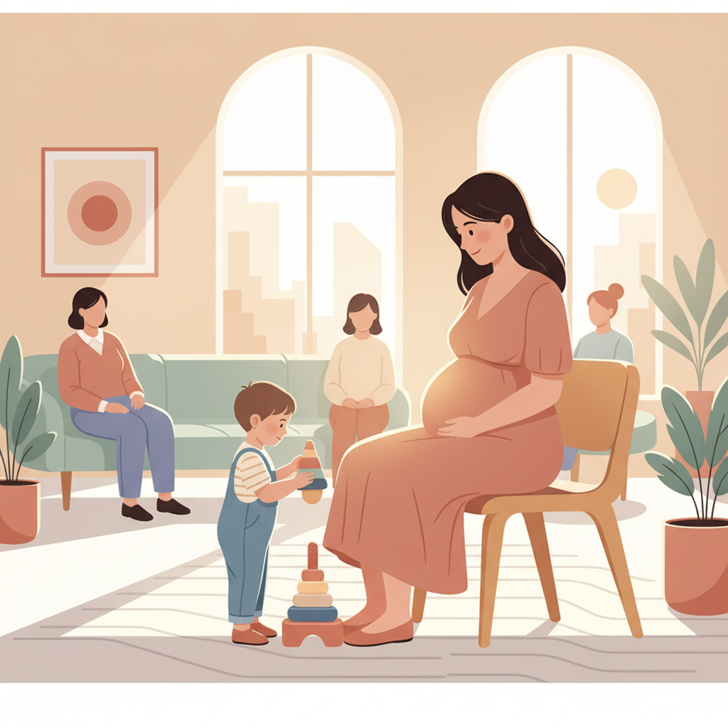 A pregnant woman, visibly tired but smiling, holding her toddler's hand in a medical waiting room. The toddler is happily distracted by a colorful toy, and the room feels a bit busy but under control.
