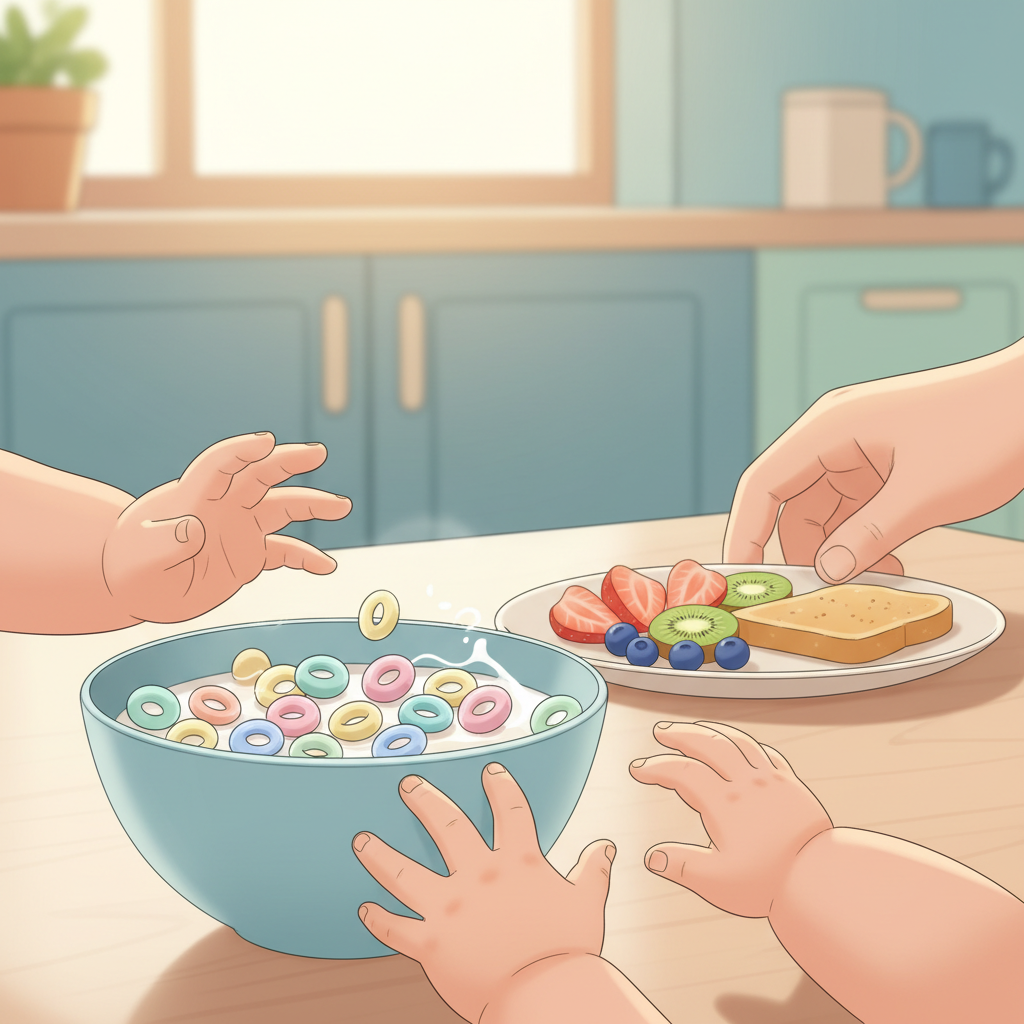 A toddler happily reaching for a bowl of colorful cereal, while a parent gently offers a plate with fruit and a piece of whole-wheat toast in the background, set on a bright kitchen table.