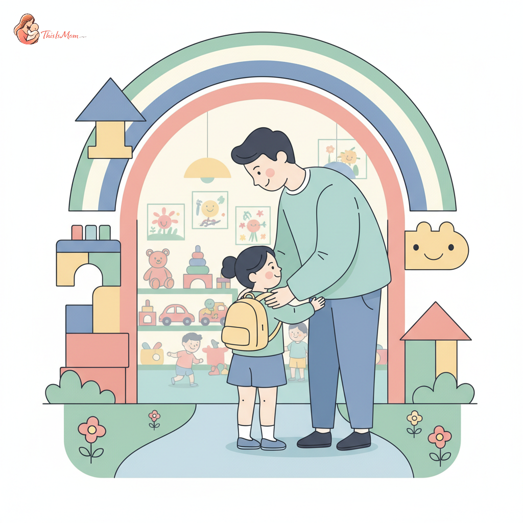 A parent giving a comforting hug to a young child at the entrance of a vibrant, welcoming daycare facility, depicting a reassuring goodbye.