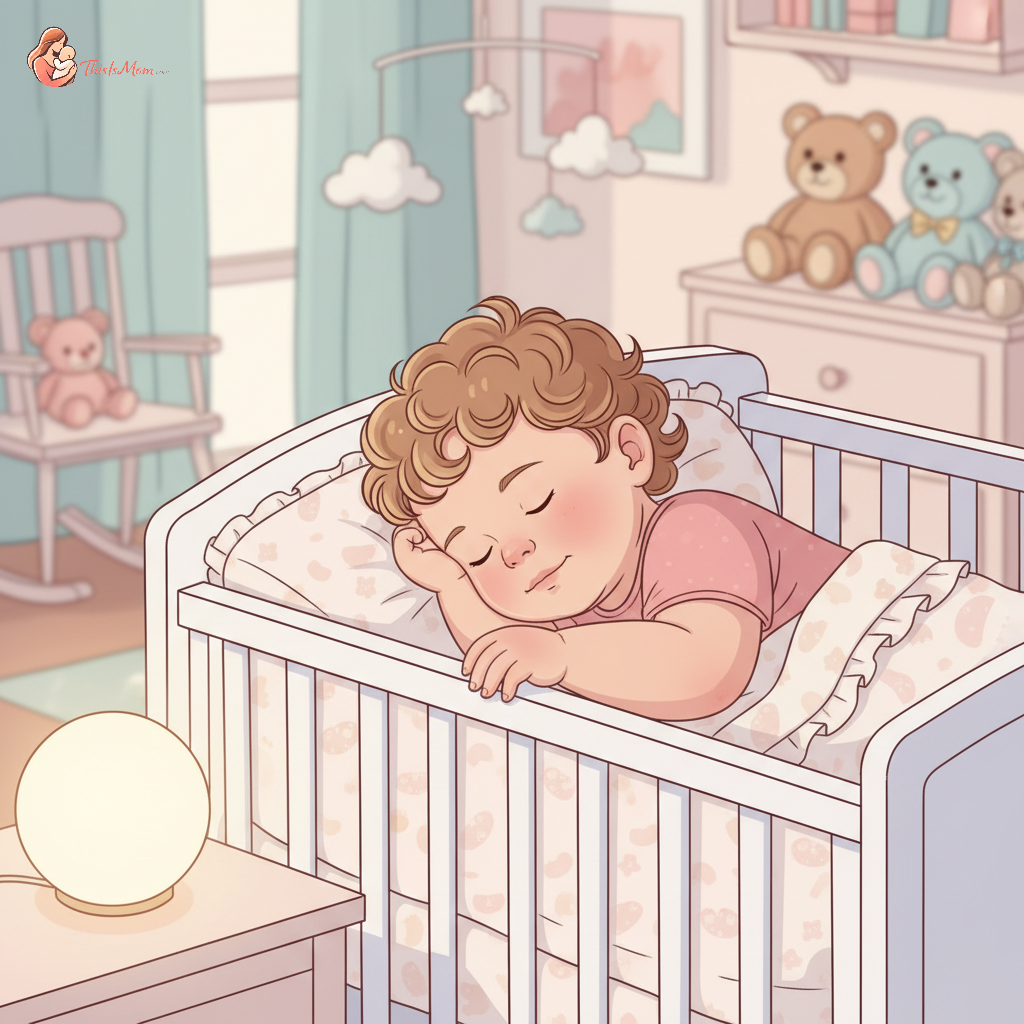 A peaceful toddler sleeping soundly in a cozy crib at night, with a soft, warm glow from a nightlight illuminating their face, contrasted by a faint, slightly blurred background suggesting a parent watching over them.