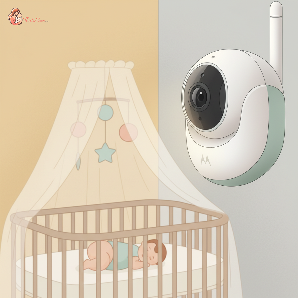 Motorola PIP1710 HD Connect baby monitor camera in a nursery with a sleeping baby in the background, soft lighting.