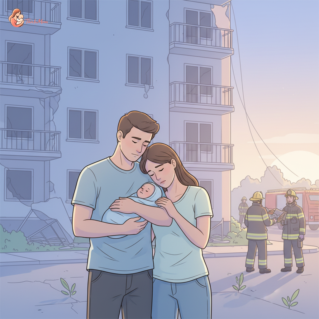 A couple, appearing as new parents, stands outside a smoldering apartment building, the father holding a baby wrapped in a blanket, looking distressed but supportive of each other.