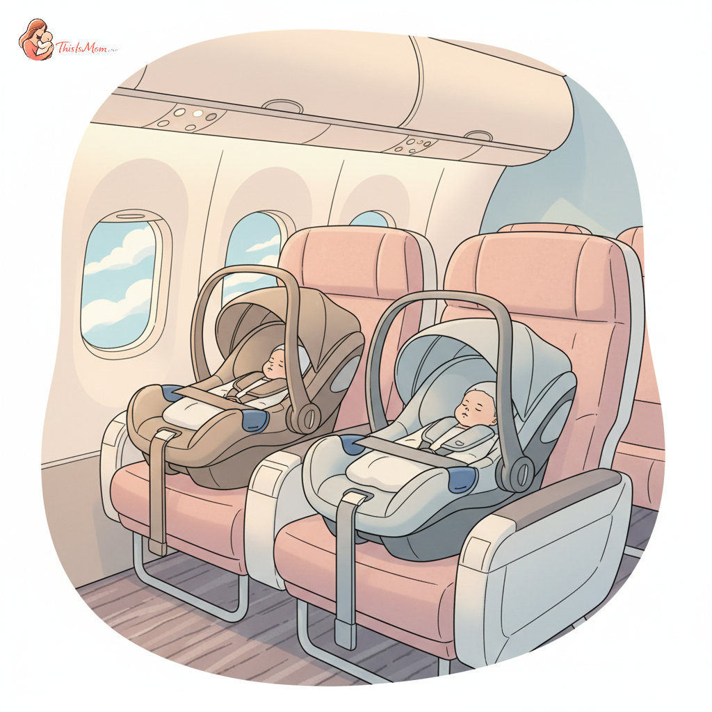 Nuna Pipa Urbn car seat installed on an airplane seat next to a Nuna Pipa Lite RX car seat with a seatbelt.