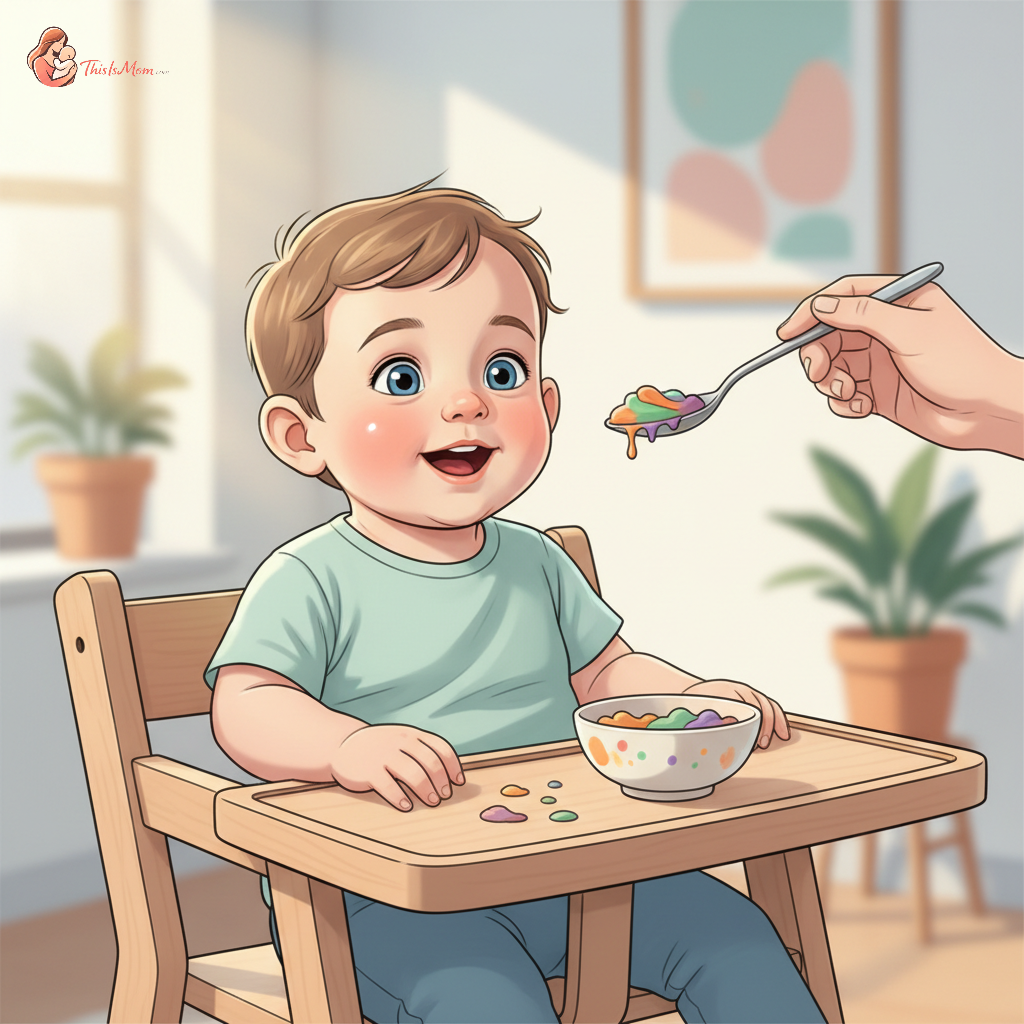 Happy baby in a high chair eating pureed food, with a bowl and spoon on the tray. A parent's hand gently guides the spoon.