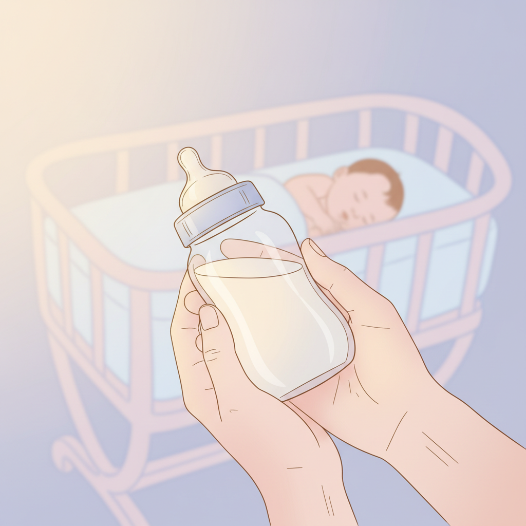 A close-up of a worried parent holding a baby bottle and looking thoughtfully, with a sleeping baby in the background, conveying the weight of the decision.