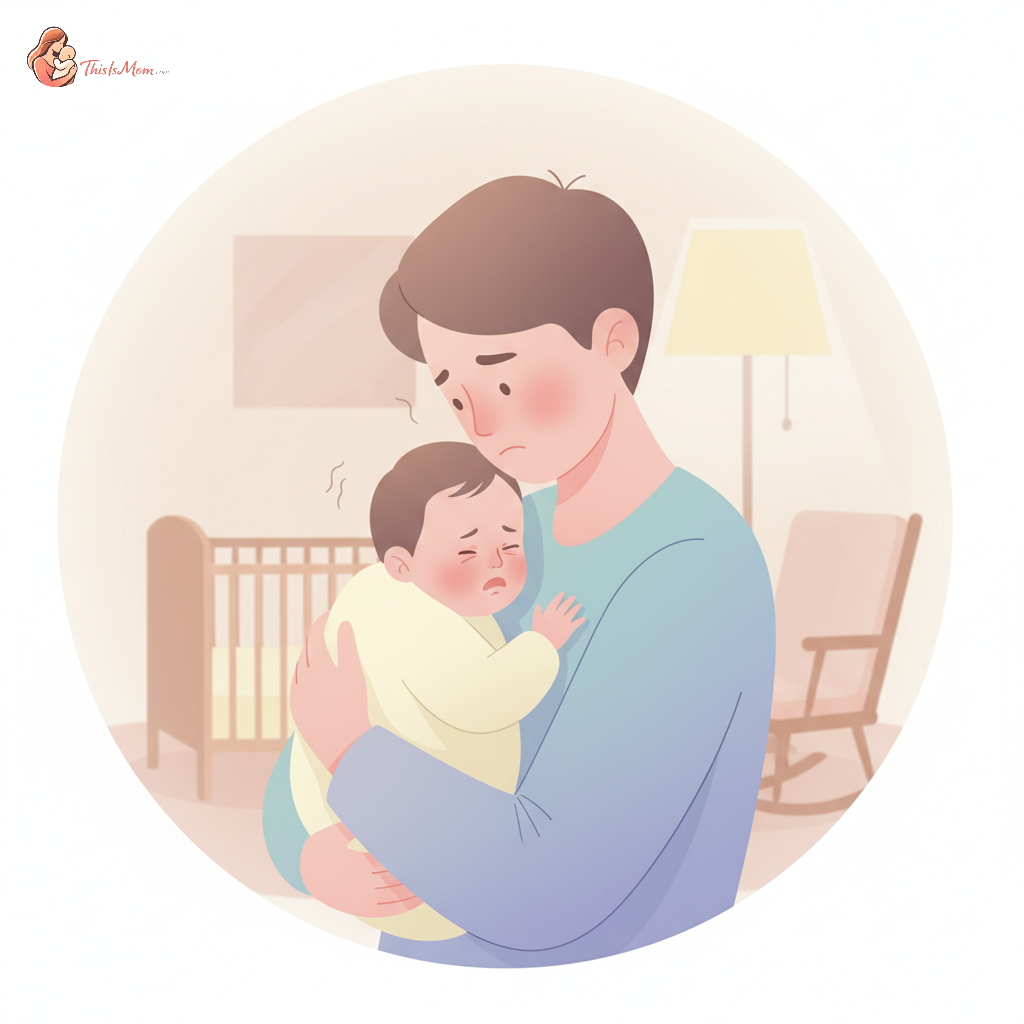 A parent gently soothing a baby who is showing signs of being overtired, emphasizing the difficulty and closeness of the interaction.