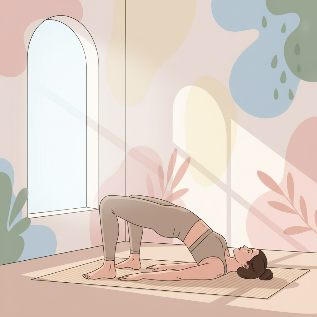A woman in comfortable athletic wear performing a modified glute bridge exercise on a yoga mat, with soft, natural light filtering into the room.