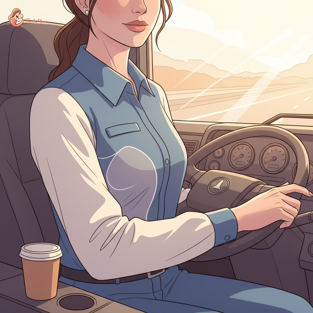 A close-up of a compact, discreet wearable breast pump nestled inside a truck driver's uniform, subtly visible against the fabric, with the distant bokeh of a highway through the windshield.