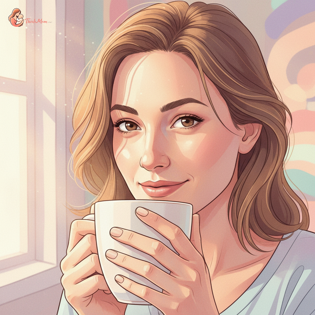 A tired but determined new mother looking at her reflection with a soft, understanding expression, depicting postpartum depression recovery and self-compassion.