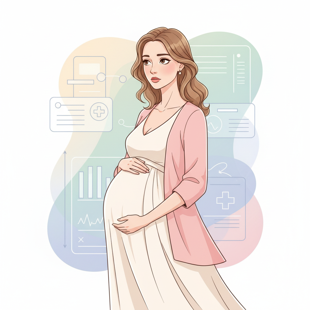 Pregnant woman gently touching her belly with a concerned yet thoughtful expression, while a medical chart or infographic on discharge signs subtly overlays in the background.