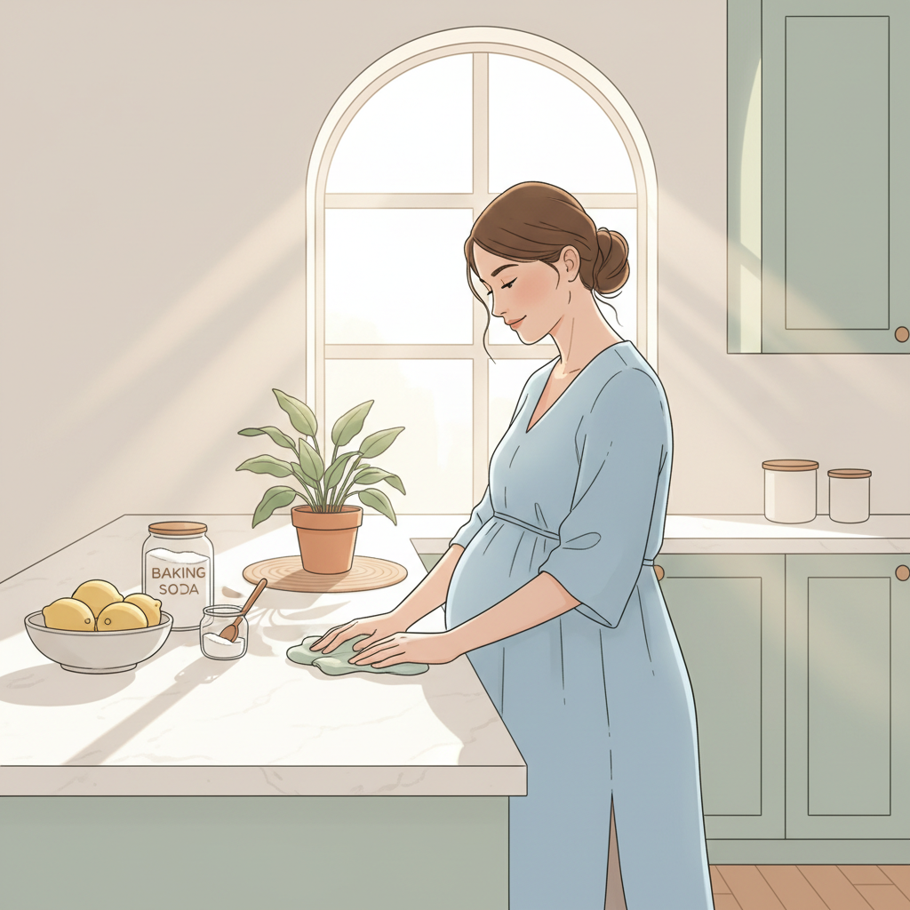Pregnant woman with a serene expression, gently wiping a kitchen counter with a spray bottle and cloth, surrounded by natural cleaning ingredients like lemons and baking soda.