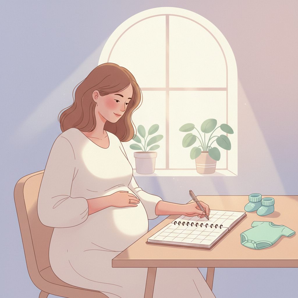 A pregnant woman looking at a calendar, highlighting dates for daycare registration, with a baby onesie and a tiny pair of shoes nearby, representing planning and anticipation for a new baby.