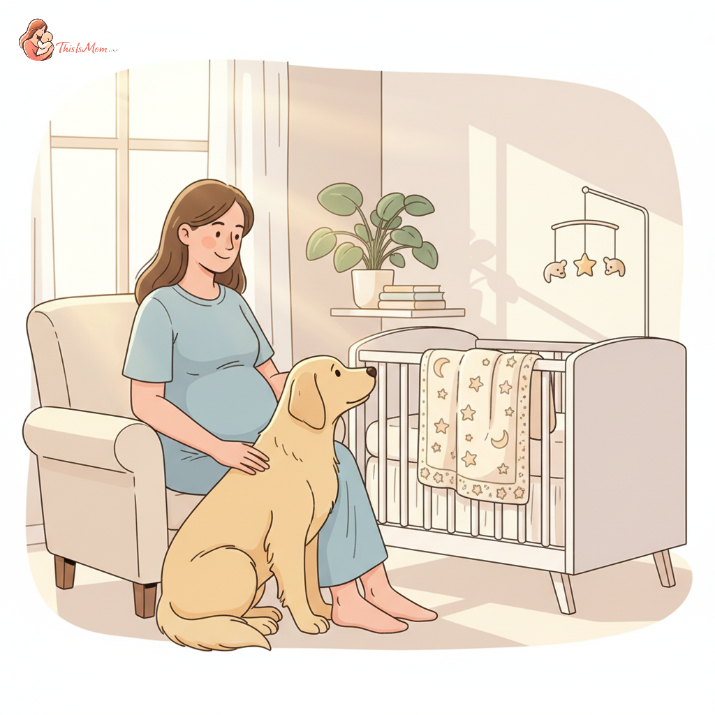 A calm golden retriever dog gently sniffing a baby's blanket, with a pregnant woman's hand reassuringly on the dog's head in a warmly lit nursery.