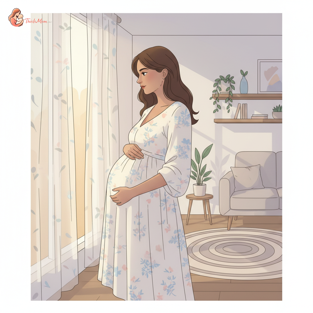 Pregnant woman at 36 weeks, gently holding her belly, looking reflective but calm, perhaps in a soft, warm light of her home.