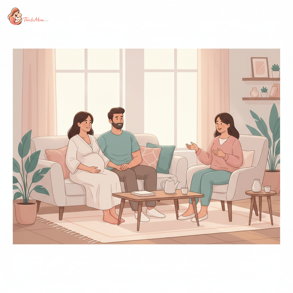 Pregnant person and partner sitting with a doula, sharing a warm conversation over coffee or tea, surrounded by natural light in a cozy setting.