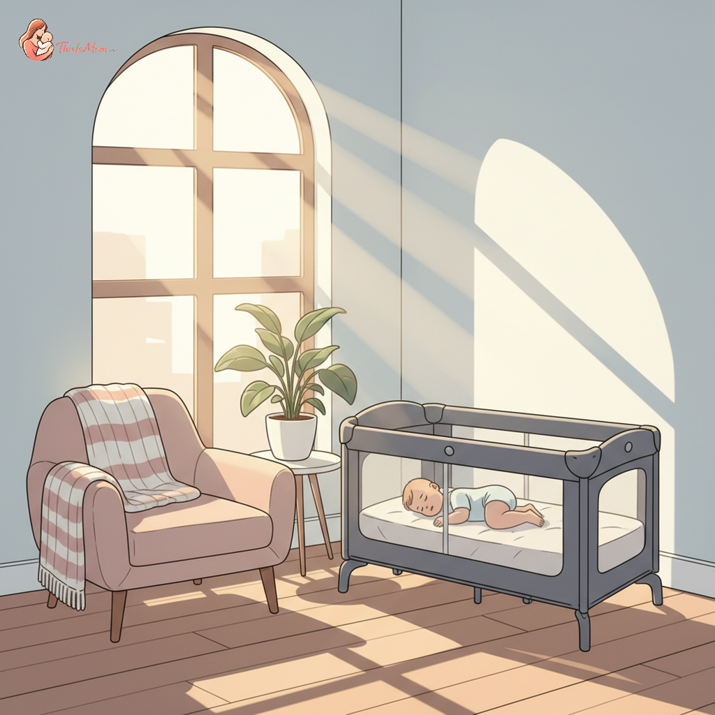 A baby peacefully sleeping in a modern, lightweight travel crib within a bright, cozy room at a grandparent's house.
