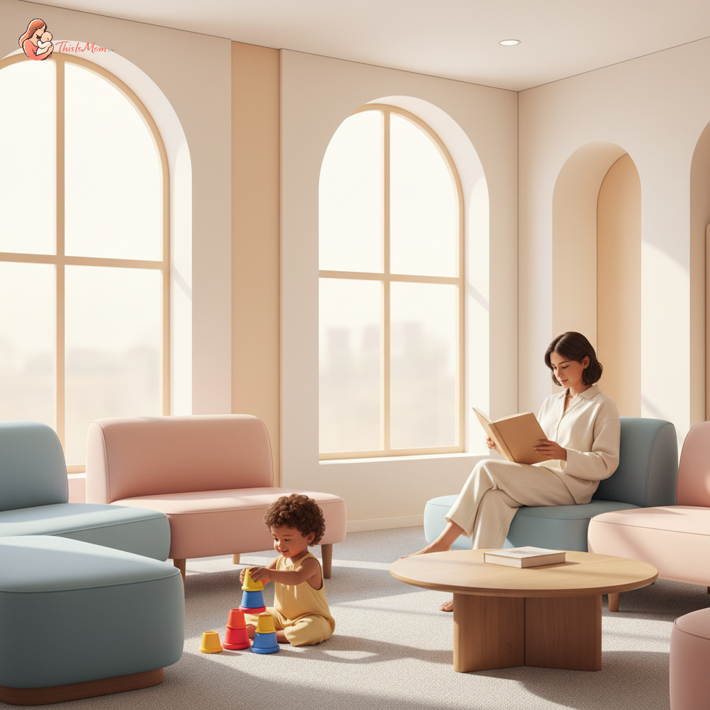 A calm toddler playing with colorful nesting cups in a brightly lit, modern waiting room, while a parent reads nearby, no screens visible.