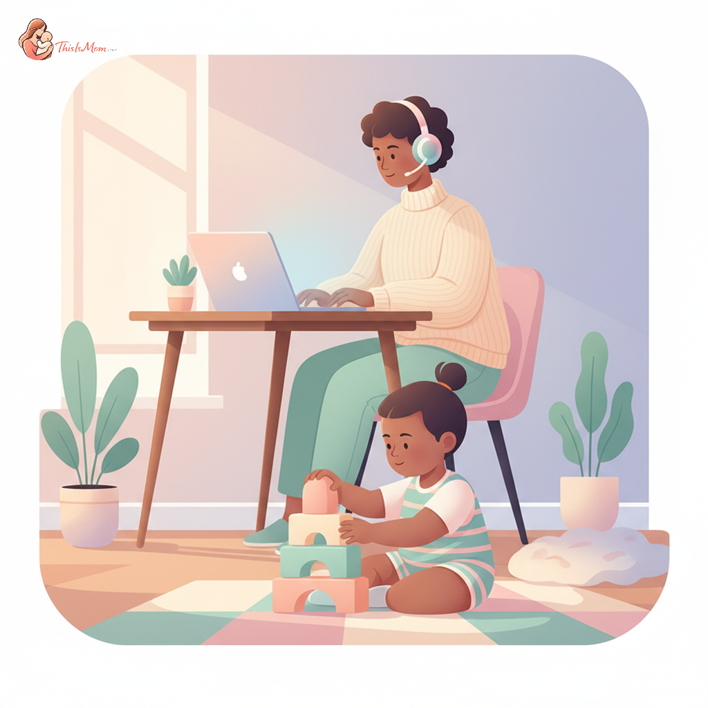 Parent on a video call, laptop open, while a toddler plays quietly with building blocks on the floor next to them in a bright, organized living room.