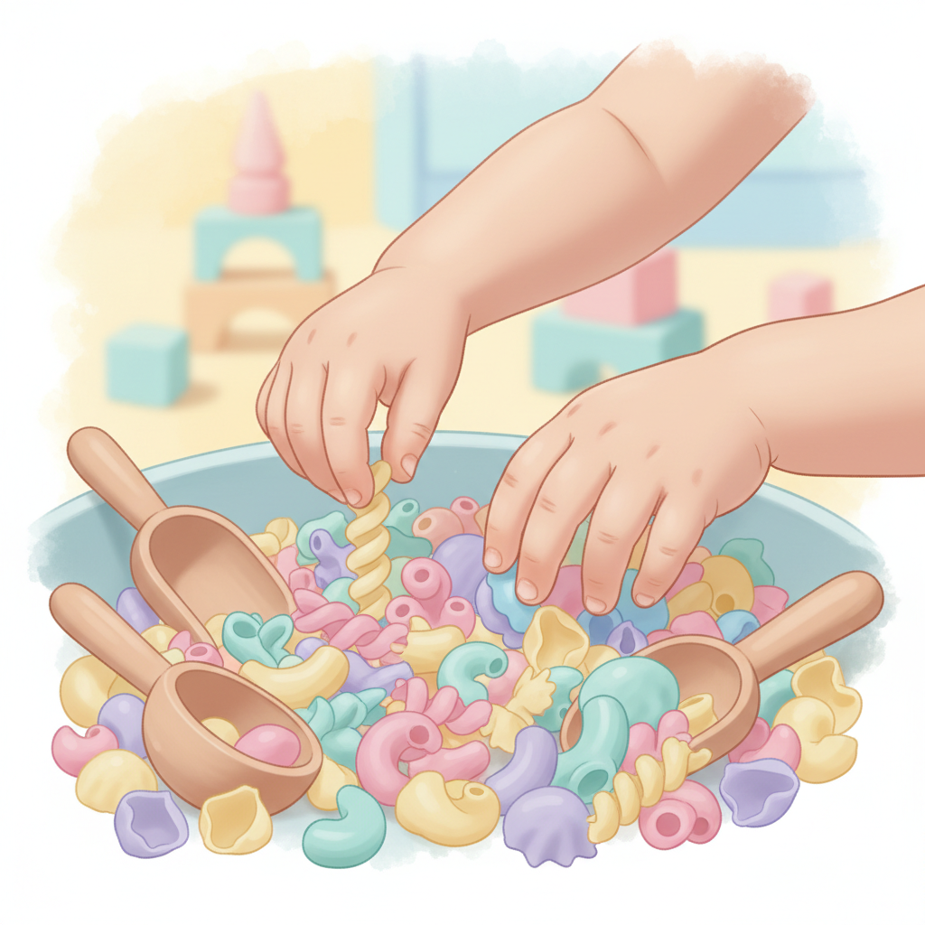 A hyperactive toddler happily playing with a colorful sensory bin filled with dried pasta, scoops, and small toys, their hands fully immersed in the textures, with soft natural light.
