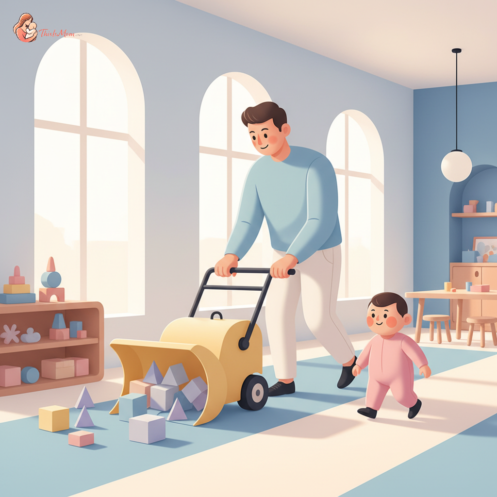 Parent clearing obstacles from a child's path, metaphorically represented by a small snowplow removing blocks from a child's playful learning path