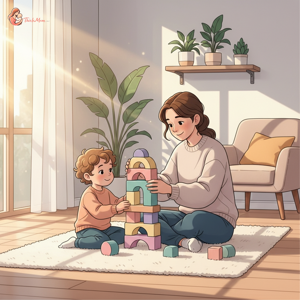 A parent and a toddler happily playing with building blocks on a rug in a bright, cozy living room during the morning, no TV in sight.