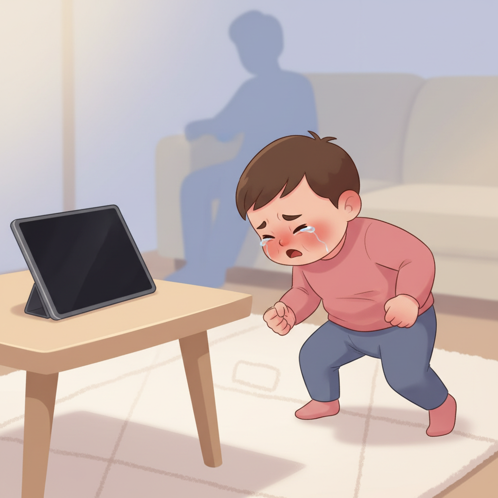 A frustrated toddler with arms crossed and a pout, sitting in a living room while a muted tablet lies on a nearby coffee table, reflecting the struggle with emotional regulation after screen time.