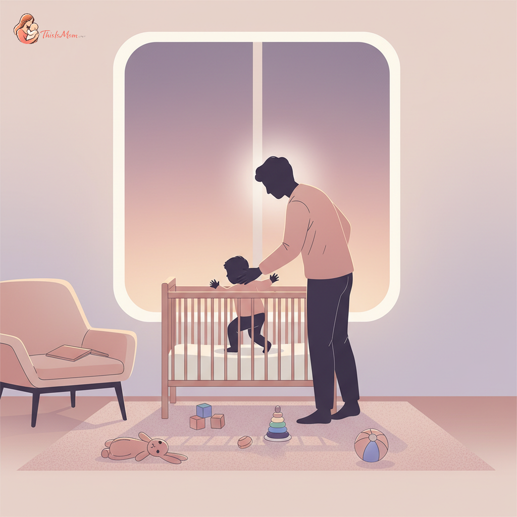 Exhausted parent trying to soothe a wide-awake toddler in a dimly lit nursery, emphasizing the struggle after a time change.
