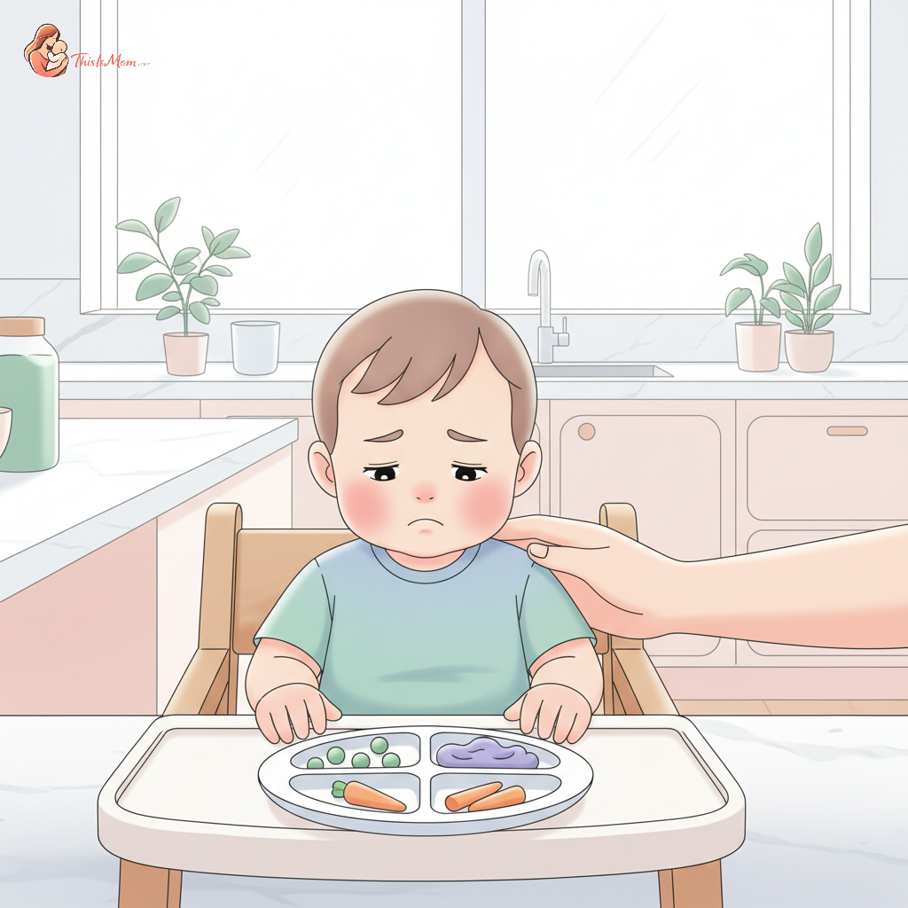 A sad-looking toddler sitting at a kitchen table, pushing away a plate of food, with a parent's reassuring hand gently touching their shoulder.