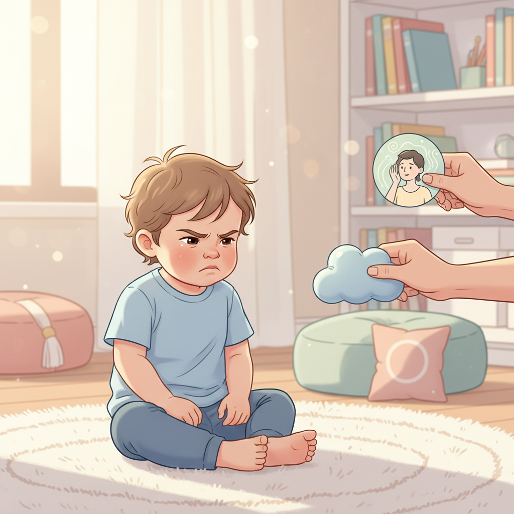 Toddler sitting on the floor looking frustrated, surrounded by soft toys, with a parent gently offering a comfort item or engaging in a calm activity to teach coping skills