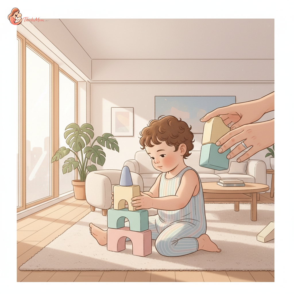 A toddler happily playing with colorful building blocks on a soft rug, with a parent gently guiding them, in a bright, child-friendly living room.