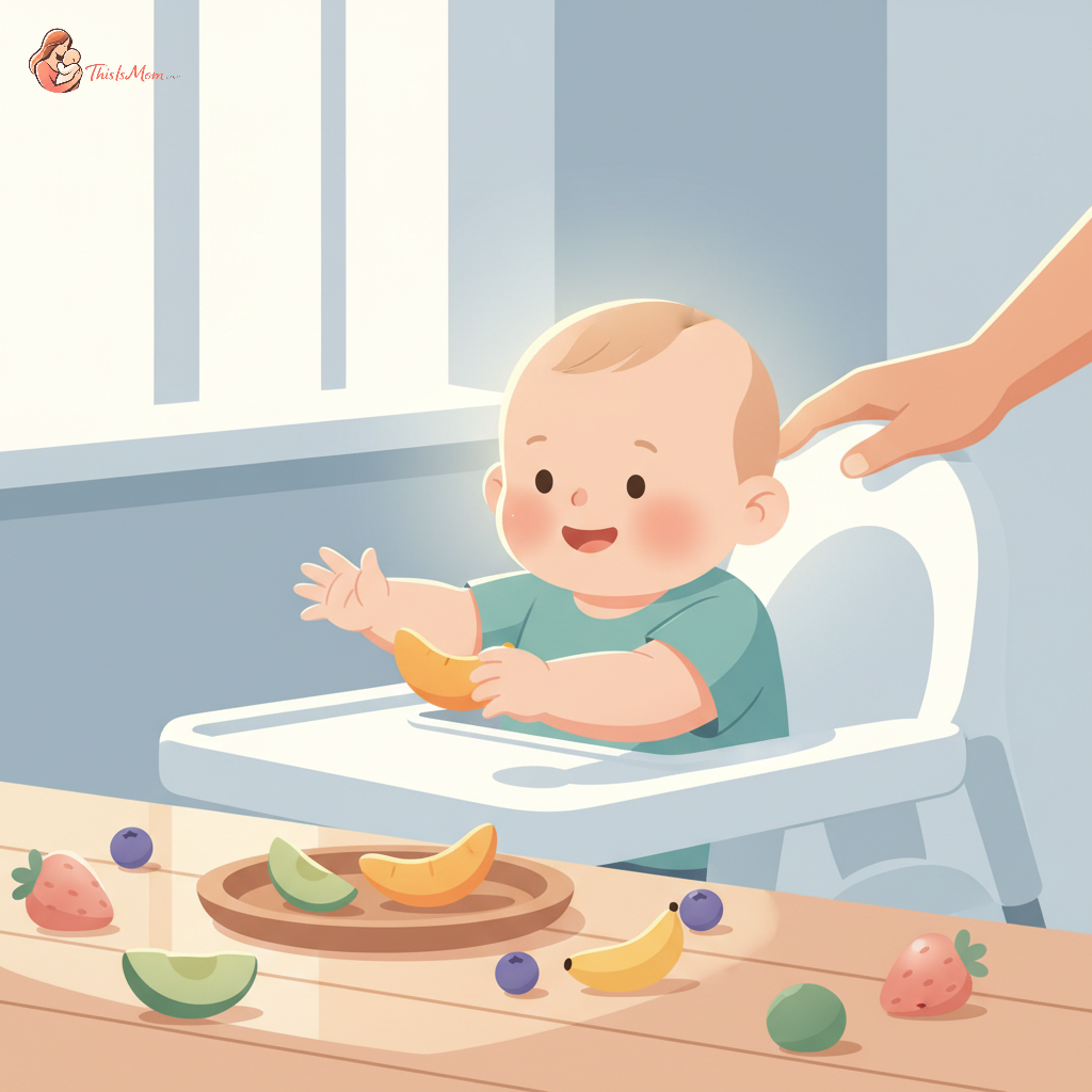 Happy 12-month-old baby sitting in a high chair, joyfully eating soft, colorful table food with their hands, overseen by a gentle parent.