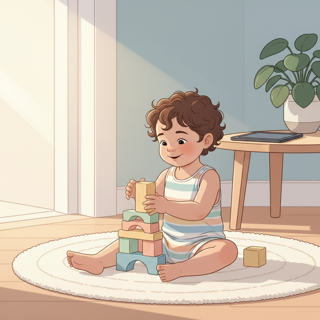 Toddler playing independently with colorful wooden blocks on a soft rug, with a tablet turned off and placed discreetly in the background, signaling a smooth transition from screen time to solo play.